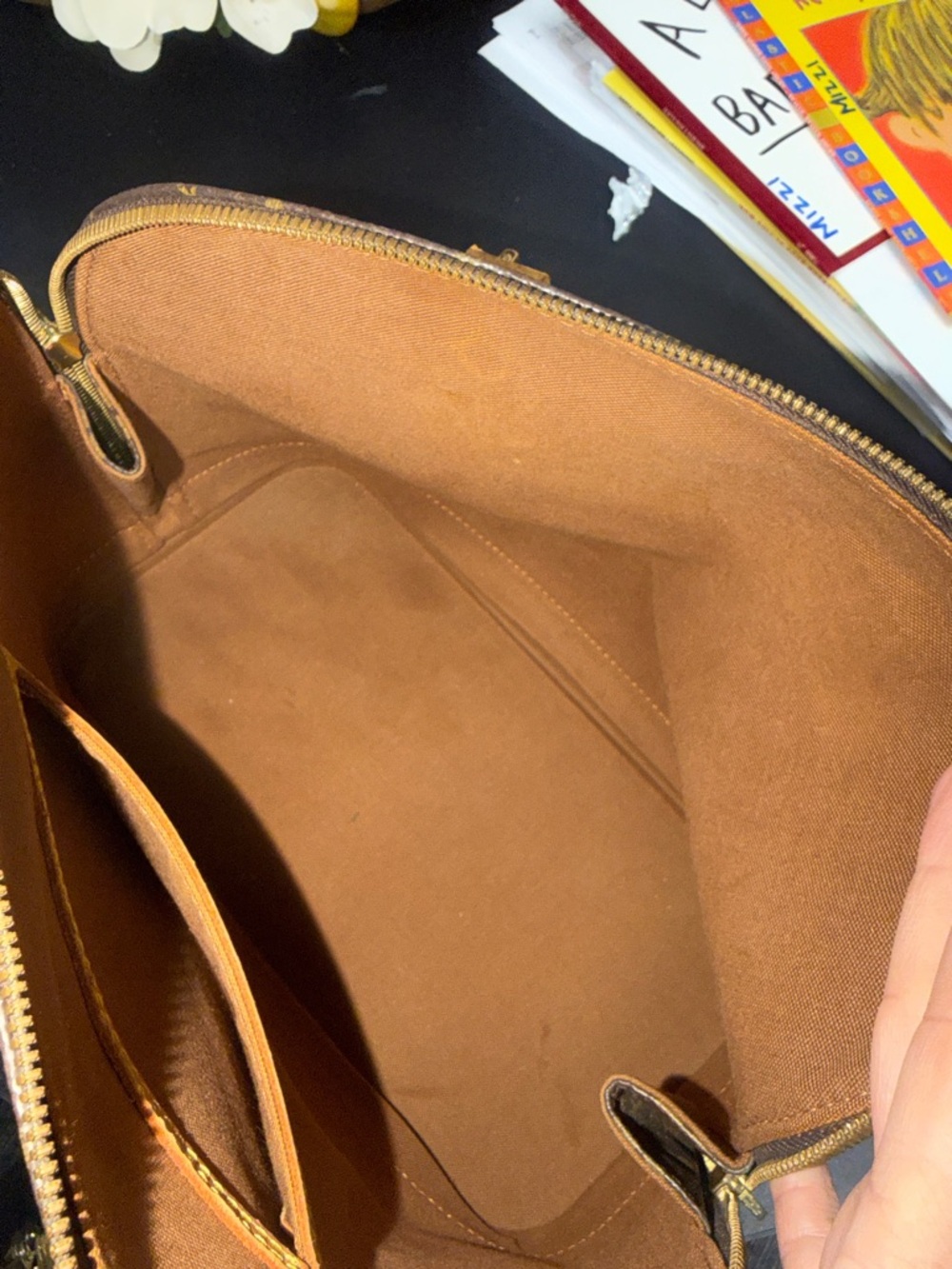 Louis Vuitton Alma Brown Monogram Satchel with Tan Trim and Red Accent Scarves - Picture 9 of 14